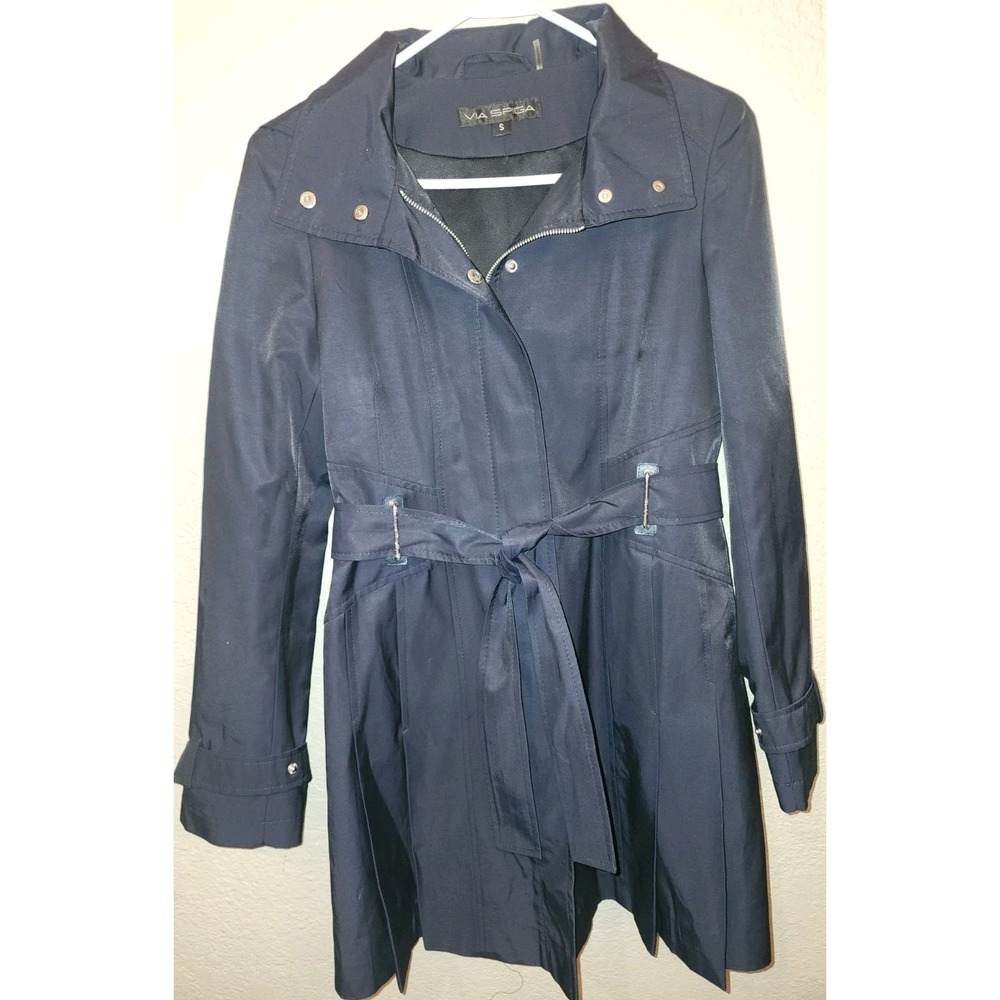 Via Spiga Women's Hooded Trench Coat Midnight Navy‎ Blue Size Small